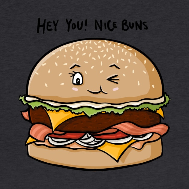 Hey You! Nice Buns, Funny Burger Cartoon Pun Digital Illustration by AlmightyClaire